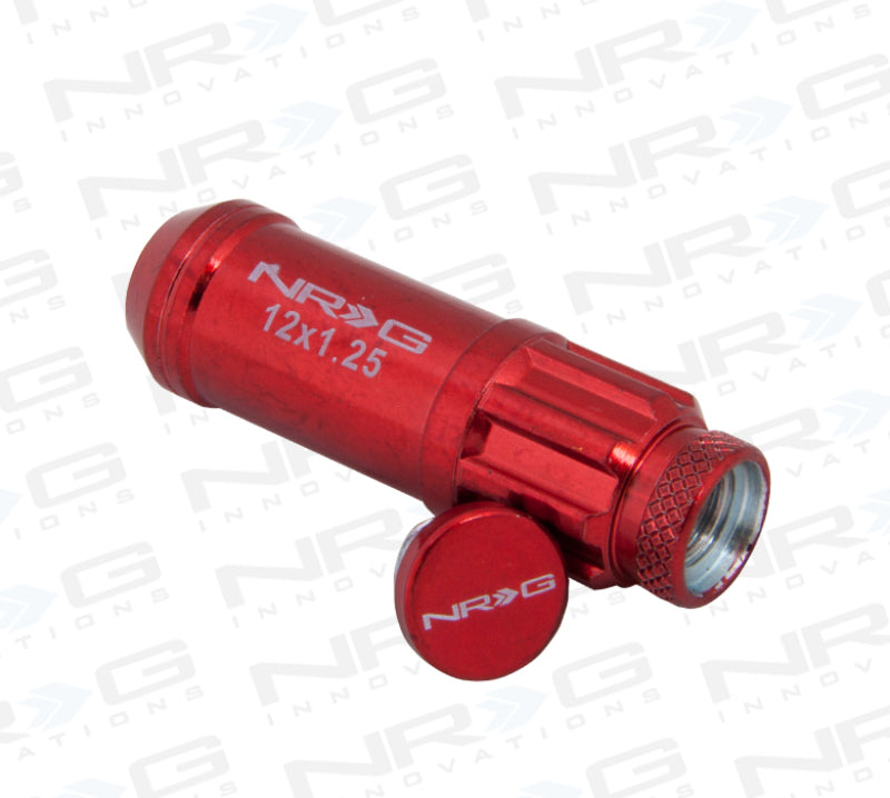 NRG 700 Series M12 X 1.25 Steel Lug Nut w/Dust Cap Cover Set 21 Pc w/Locks & Lock Socket - Red NRG 700 Series M12 X 1.25 Steel Lug Nut w/Dust Cap Cover Set 21 Pc w/Locks & Lock Socket - Red