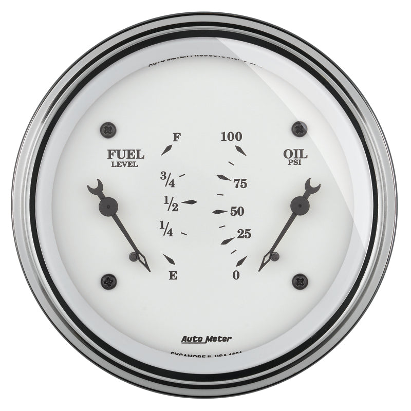 AutoMeter Gauge Dual Fuel & Oilp 3-3/8in. 0 Ohm(e) to 90 Ohm(f)& 100PSI Elec Old Tyme White AutoMeter Gauge Dual Fuel & Oilp 3-3/8in. 0 Ohm(e) to 90 Ohm(f)& 100PSI Elec Old Tyme White