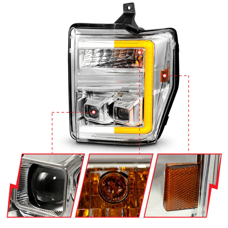 ANZO 08-10 Ford F-250 - F-550 Super Duty Projector Headlights w/ Light Bar Switchback Chrome Housing ANZO 08-10 Ford F-250 - F-550 Super Duty Projector Headlights w/ Light Bar Switchback Chrome Housing