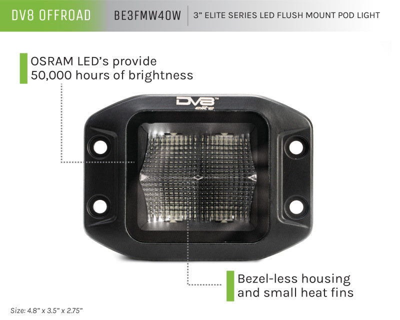 DV8 Offroad Elite Series 3in Cube LED Light 40W Spot 3W LED DV8 Offroad Elite Series 3in Cube LED Light 40W Spot 3W LED