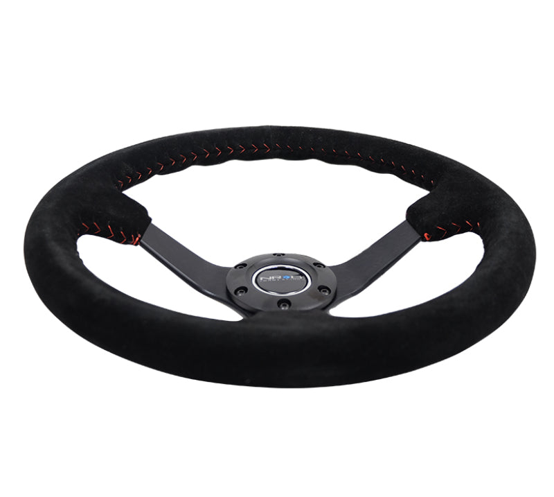 NRG Reinforced Steering Wheel (350mm / 3in. Deep) Blk Suede/Red BBall Stitch w/5mm Matte Blk Spokes NRG Reinforced Steering Wheel (350mm / 3in. Deep) Blk Suede/Red BBall Stitch w/5mm Matte Blk Spokes