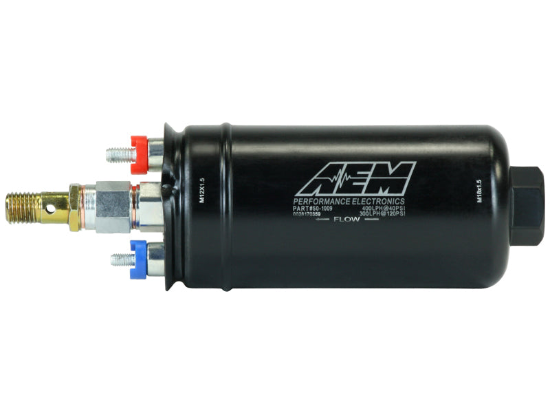 AEM 400LPH High Pressure Inline Fuel Pump - M18x1.5 Female Inlet to M12x1.5 Male Outlet AEM 400LPH High Pressure Inline Fuel Pump - M18x1.5 Female Inlet to M12x1.5 Male Outlet
