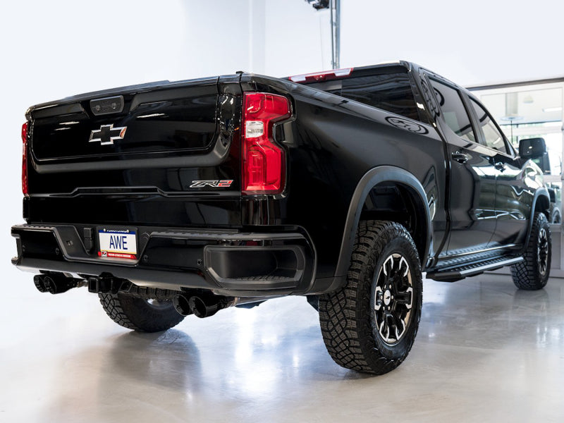AWE Tuning 22-23 GMC Sierra 1500 AT4X 6.2L 0FG Catback Split Dual (Flat Bumper) - Diamond Black Tips AWE Tuning 22-23 GMC Sierra 1500 AT4X 6.2L 0FG Catback Split Dual (Flat Bumper) - Diamond Black Tips