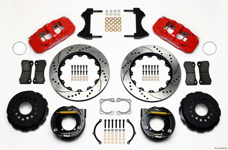 Wilwood AERO4 Rear P-Brake Kit 14.00in Drilled Red Chevy 12 Bolt-Spec 3.15in Brng Wilwood AERO4 Rear P-Brake Kit 14.00in Drilled Red Chevy 12 Bolt-Spec 3.15in Brng