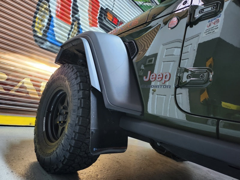 Rally Armor 19-25 Jeep JT Gladiator (Mojave/Rubicon) Black Mud Flap w/Metallic Black Logo Rally Armor 19-25 Jeep JT Gladiator (Mojave/Rubicon) Black Mud Flap w/Metallic Black Logo