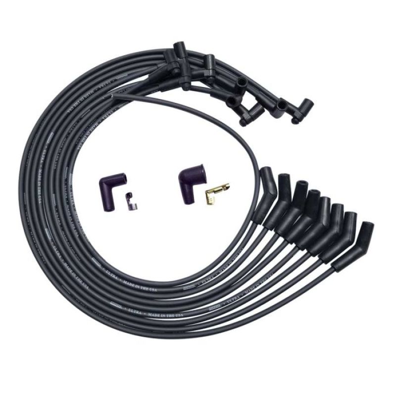 Moroso BBC Under Header 135 Deg Plug End HEI Dist Unsleeved Ultra Spark Plug Wire Set - Black Moroso BBC Under Header 135 Deg Plug End HEI Dist Unsleeved Ultra Spark Plug Wire Set - Black