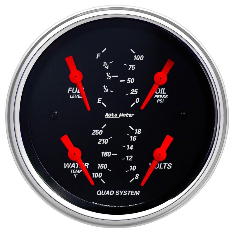 Autometer Designer Black 3-3/8in Quad Gauge - Fuel Level/Oil Pressure/Water Temperature/Voltmeter Autometer Designer Black 3-3/8in Quad Gauge - Fuel Level/Oil Pressure/Water Temperature/Voltmeter