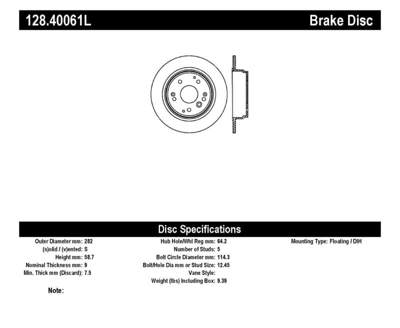 StopTech 04-08 Acura TL/TL-S Standard/Brembo Drilled Left Rear Rotor StopTech 04-08 Acura TL/TL-S Standard/Brembo Drilled Left Rear Rotor
