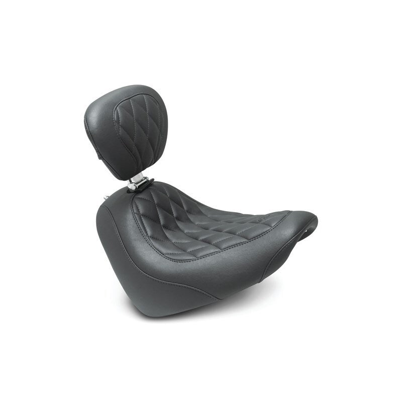 Mustang 18-21 Harley Fat Bob Wide Tripper Solo Seat w/Driver Backrest Diamond Stitch - Black Mustang 18-21 Harley Fat Bob Wide Tripper Solo Seat w/Driver Backrest Diamond Stitch - Black