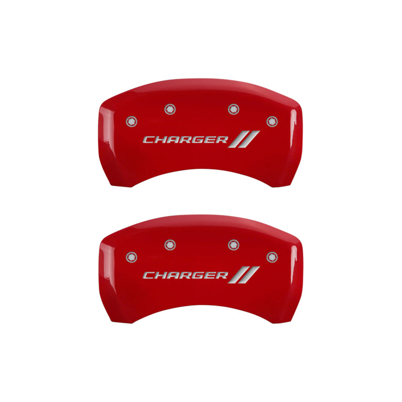 MGP 4 Caliper Covers Engraved Front & Rear With stripes/Charger Red finish silver ch MGP 4 Caliper Covers Engraved Front & Rear With stripes/Charger Red finish silver ch