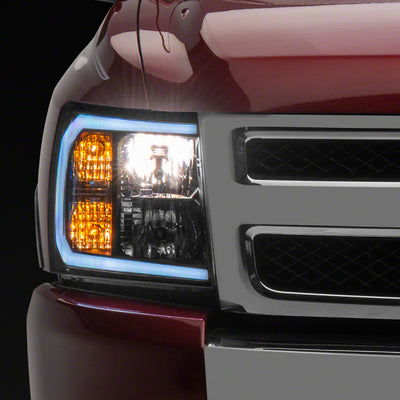 Raxiom 07-13 Chevrolet Silverado 1500 Axial Series Headlights w/ LED Bar- Blk Housing (Clear Lens)