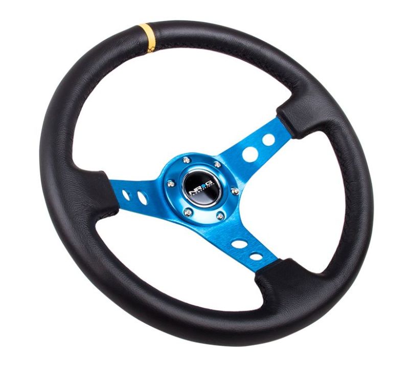 NRG Reinforced Steering Wheel (350mm / 3in. Deep) Blk Leather w/Blue Circle Cutout Spokes NRG Reinforced Steering Wheel (350mm / 3in. Deep) Blk Leather w/Blue Circle Cutout Spokes