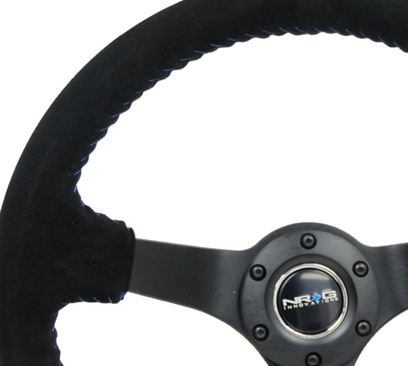 NRG Reinforced Steering Wheel (350mm / 3in. Deep) Blk Suede/Blue BBall Stitch w/5mm Matte Blk Spokes NRG Reinforced Steering Wheel (350mm / 3in. Deep) Blk Suede/Blue BBall Stitch w/5mm Matte Blk Spokes