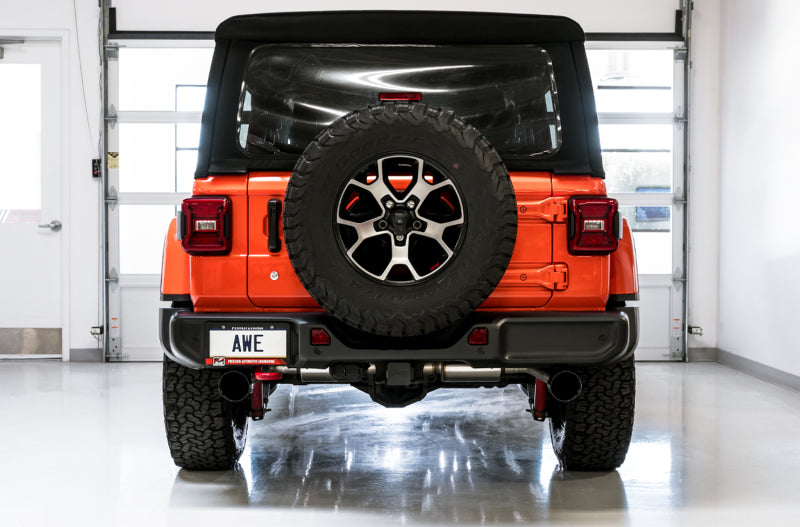 AWE Tuning 2018+ Jeep Wrangler JL/JLU Tread Edition Axle-Back Dual Exhaust - Diamond Black Tips AWE Tuning 2018+ Jeep Wrangler JL/JLU Tread Edition Axle-Back Dual Exhaust - Diamond Black Tips