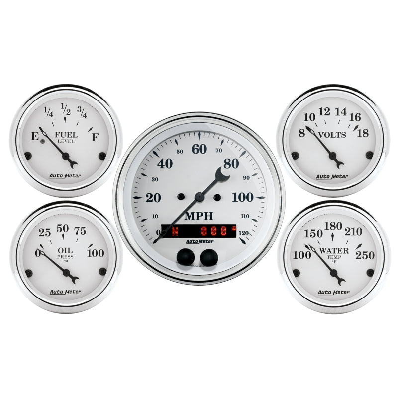 Auto Meter Speedometer 3-3/8in and 2-1/16in 5 Piece Old Tyme White Gauge Kit Auto Meter Speedometer 3-3/8in and 2-1/16in 5 Piece Old Tyme White Gauge Kit