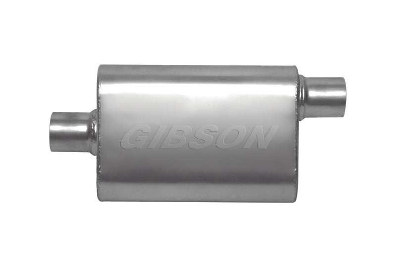 Gibson CFT Superflow Center/Offset Oval Muffler - 4x9x18in/2.25in Inlet/2.25in Outlet - Stainless Gibson CFT Superflow Center/Offset Oval Muffler - 4x9x18in/2.25in Inlet/2.25in Outlet - Stainless