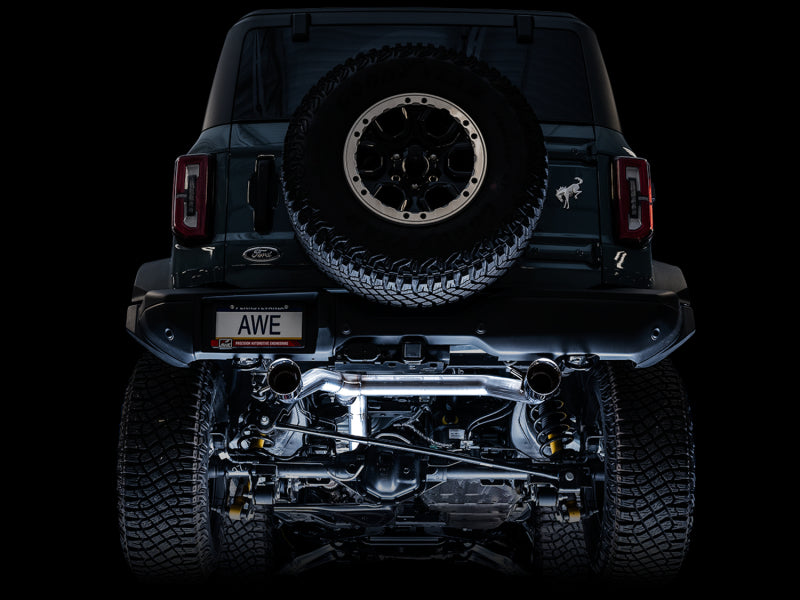AWE Tuning 2021+ Ford Bronco 0FG Dual Rear Exit Exhaust w/Chrome Silver Tips & Bash Guard AWE Tuning 2021+ Ford Bronco 0FG Dual Rear Exit Exhaust w/Chrome Silver Tips & Bash Guard