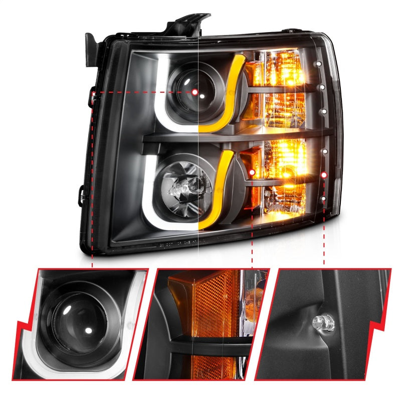 ANZO 2007-2013 Chevrolet Silverado 1500/2500 Projector Headlights w/ U-Bar Switchback Black w/ Amber ANZO 2007-2013 Chevrolet Silverado 1500/2500 Projector Headlights w/ U-Bar Switchback Black w/ Amber