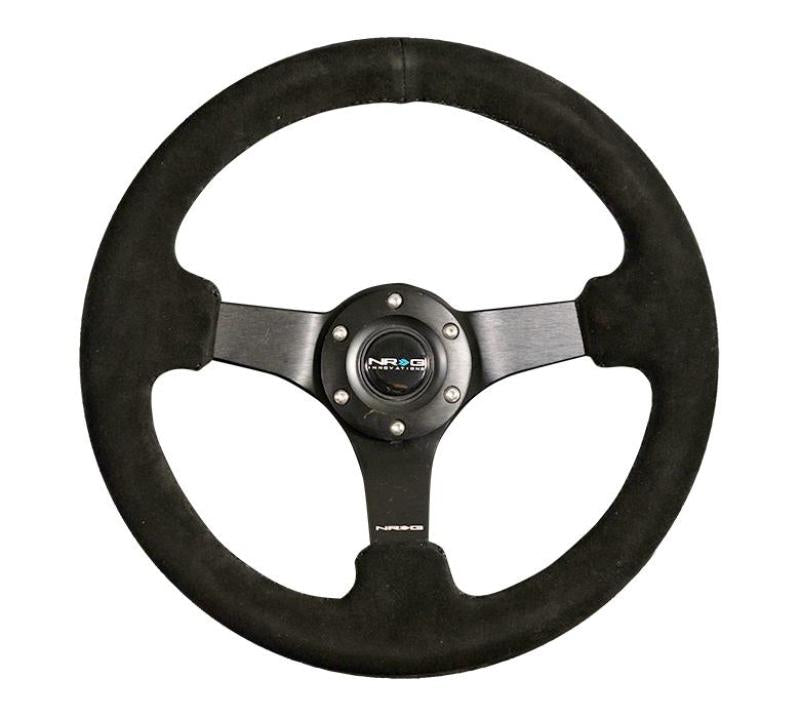 NRG Reinforced Steering Wheel (330mm / 3in Deep) Blk Suede w/Criss Cross Stitch w/Blk 3-Spoke Center NRG Reinforced Steering Wheel (330mm / 3in Deep) Blk Suede w/Criss Cross Stitch w/Blk 3-Spoke Center