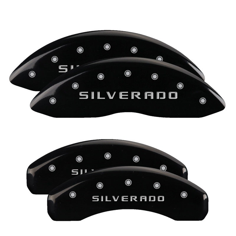 MGP 4 Caliper Covers Engraved Front & Rear Silverado Black finish silver ch MGP 4 Caliper Covers Engraved Front & Rear Silverado Black finish silver ch