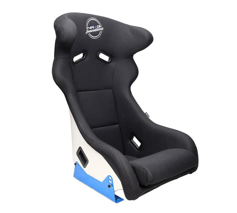 NRG FRP Bucket Seat - White Finish with Arrow Embroidery And Blue Side Mount Bracket NRG FRP Bucket Seat - White Finish with Arrow Embroidery And Blue Side Mount Bracket
