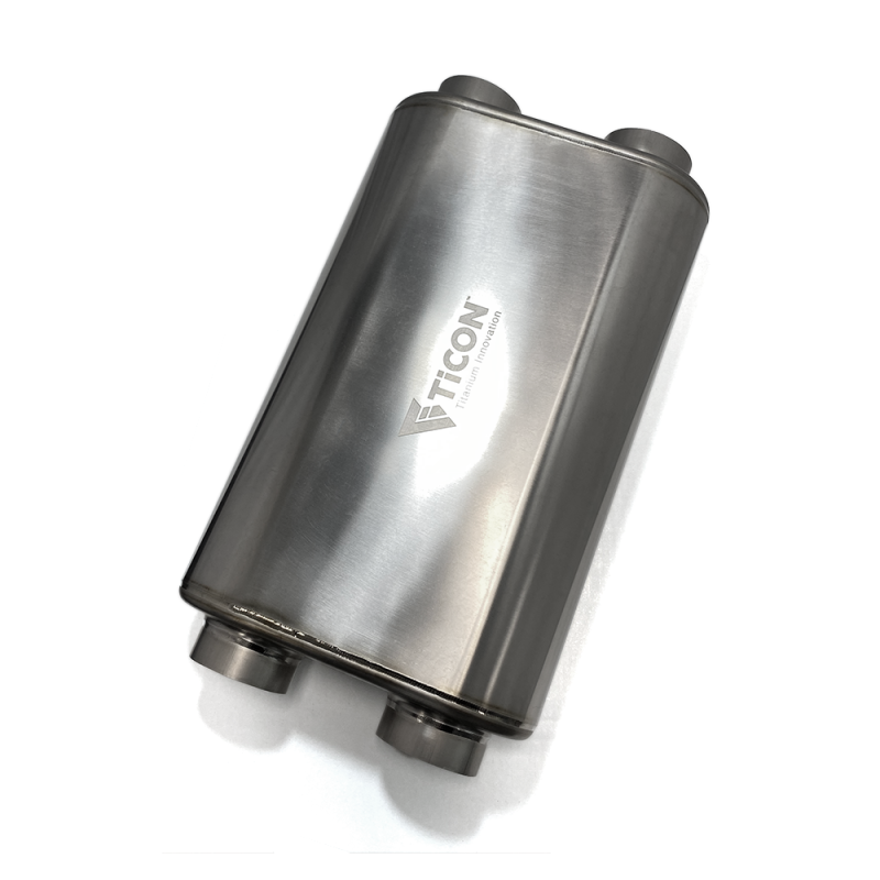 Ticon Industries 17in OAL 2.5in Thin Oval Matte Finish Titanium Muffler - 2.5in Dual In/Dual Out Ticon Industries 17in OAL 2.5in Thin Oval Matte Finish Titanium Muffler - 2.5in Dual In/Dual Out