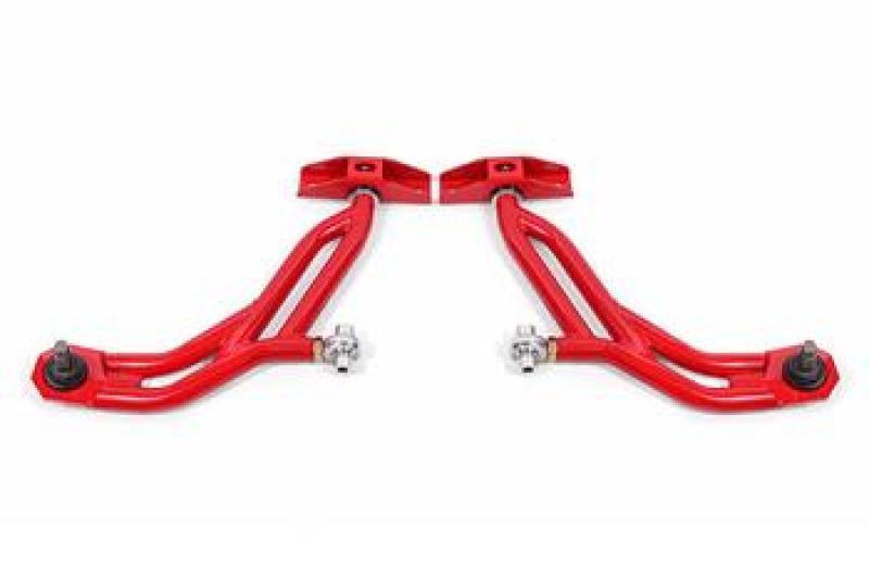 BMR 10-14 Ford Mustang Adj. Lower A-Arms w/ Delrin/Rod End / 19mm Tall Ball Joint - Red BMR 10-14 Ford Mustang Adj. Lower A-Arms w/ Delrin/Rod End / 19mm Tall Ball Joint - Red