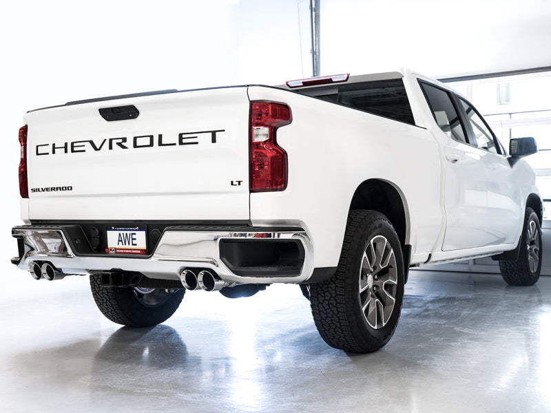 AWE Tuning 4th Gen GM 1500 5.3L 0FG Catback Split Rear Exit (w/ Bumper Cutouts) - Quad Chrome Tips AWE Tuning 4th Gen GM 1500 5.3L 0FG Catback Split Rear Exit (w/ Bumper Cutouts) - Quad Chrome Tips