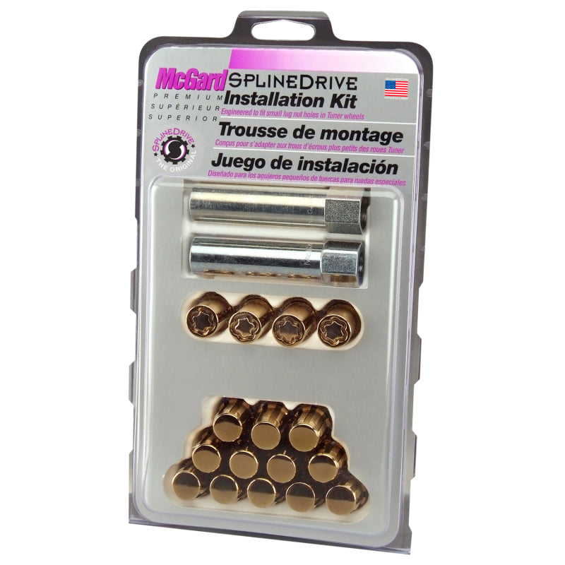 McGard SplineDrive Tuner 4 Lug Install Kit w/Locks & Tool (Cone) M12x1.25 / 13/16 Hex - Gold (CS) McGard SplineDrive Tuner 4 Lug Install Kit w/Locks & Tool (Cone) M12x1.25 / 13/16 Hex - Gold (CS)