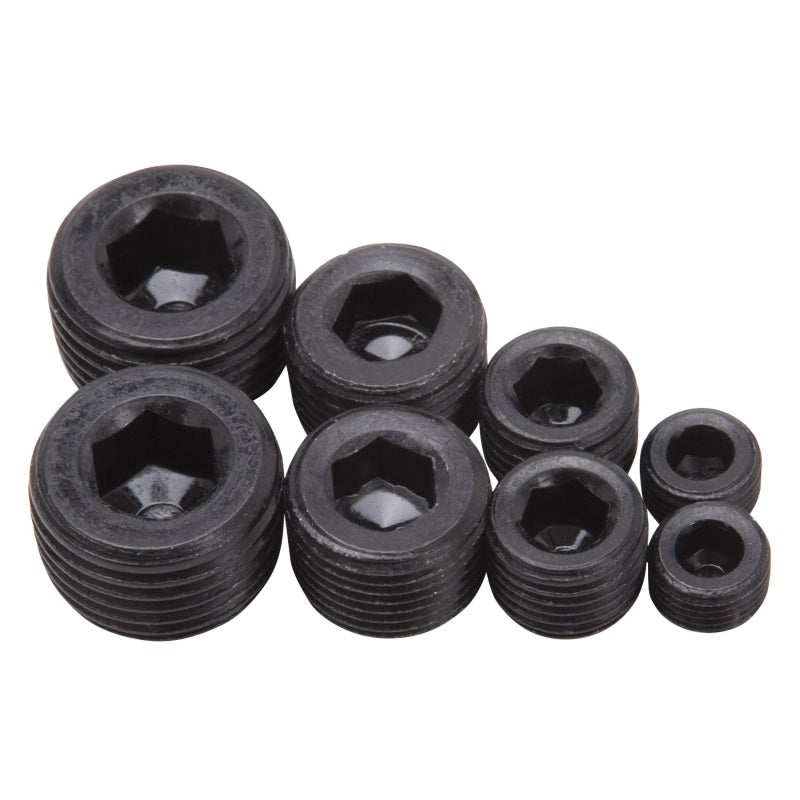Edelbrock Fittings Pipe Plug Kit Internal Allen Head 1/8In 1/4In 3/8In 1/2In NPT Set of 8 Black Edelbrock Fittings Pipe Plug Kit Internal Allen Head 1/8In 1/4In 3/8In 1/2In NPT Set of 8 Black
