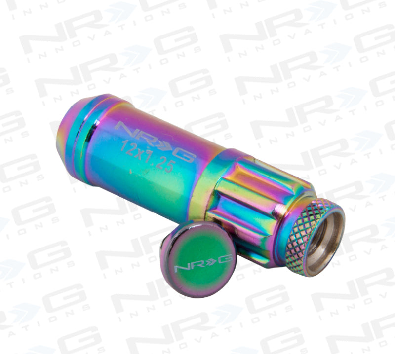 NRG 700 Series M12 X 1.25 Steel Lug Nut w/Dust Cap Cover Set 21 Pc w/Locks & Lock Socket - Neochrome NRG 700 Series M12 X 1.25 Steel Lug Nut w/Dust Cap Cover Set 21 Pc w/Locks & Lock Socket - Neochrome