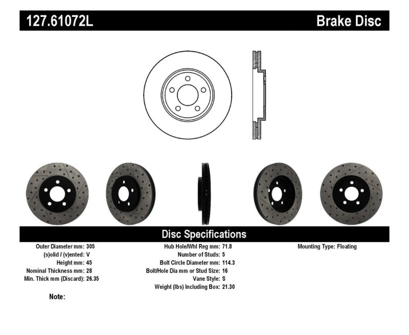 StopTech 03-09 Lincoln Town Car / 03-09 Mercury Grand Marquis Front Left Slotted & Drilled Rotor StopTech 03-09 Lincoln Town Car / 03-09 Mercury Grand Marquis Front Left Slotted & Drilled Rotor