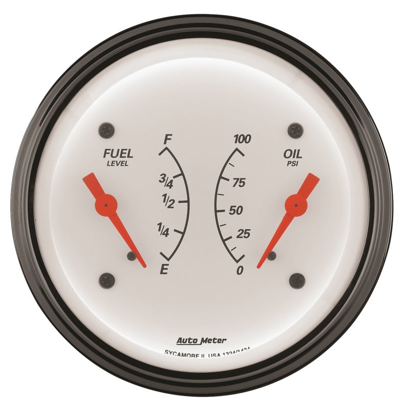 AutoMeter Gauge Dual Fuel & Oilp 3-3/8in. 240 Ohm(e) to 33 Ohm(f) & 100PSI Elec Arctic White AutoMeter Gauge Dual Fuel & Oilp 3-3/8in. 240 Ohm(e) to 33 Ohm(f) & 100PSI Elec Arctic White