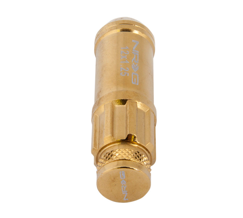 NRG 700 Series M12 X 1.25 Steel Lug Nut w/Dust Cap Cover Set 21 Pc w/Locks & Socket - Chrome Gold NRG 700 Series M12 X 1.25 Steel Lug Nut w/Dust Cap Cover Set 21 Pc w/Locks & Socket - Chrome Gold