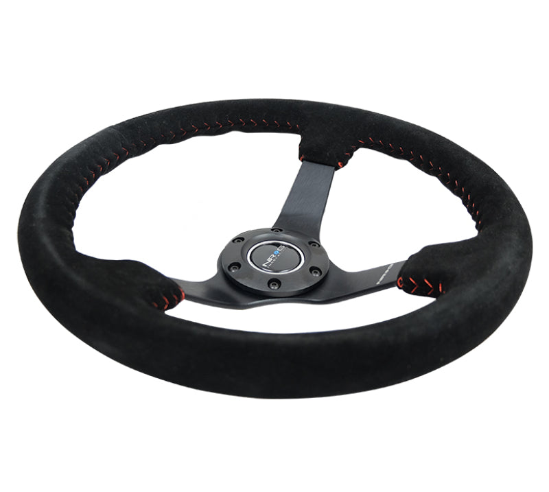 NRG Reinforced Steering Wheel (350mm / 3in. Deep) Blk Suede/Red BBall Stitch w/5mm Matte Blk Spokes NRG Reinforced Steering Wheel (350mm / 3in. Deep) Blk Suede/Red BBall Stitch w/5mm Matte Blk Spokes