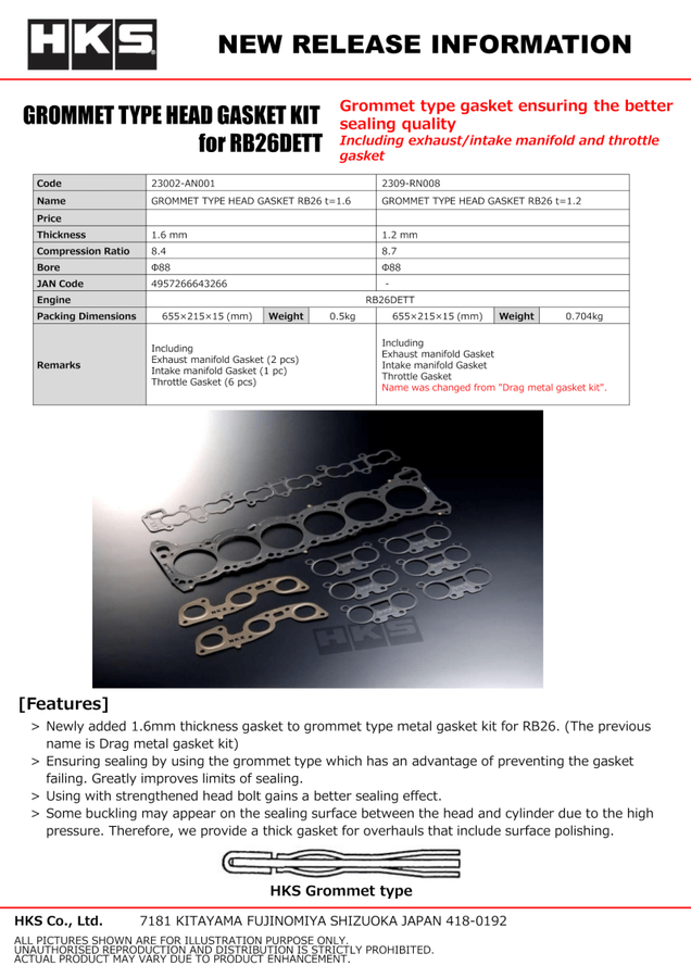 HKS RB26 88mm Bore 1.6mm Thick Grommet Type Head Gasket HKS RB26 88mm Bore 1.6mm Thick Grommet Type Head Gasket