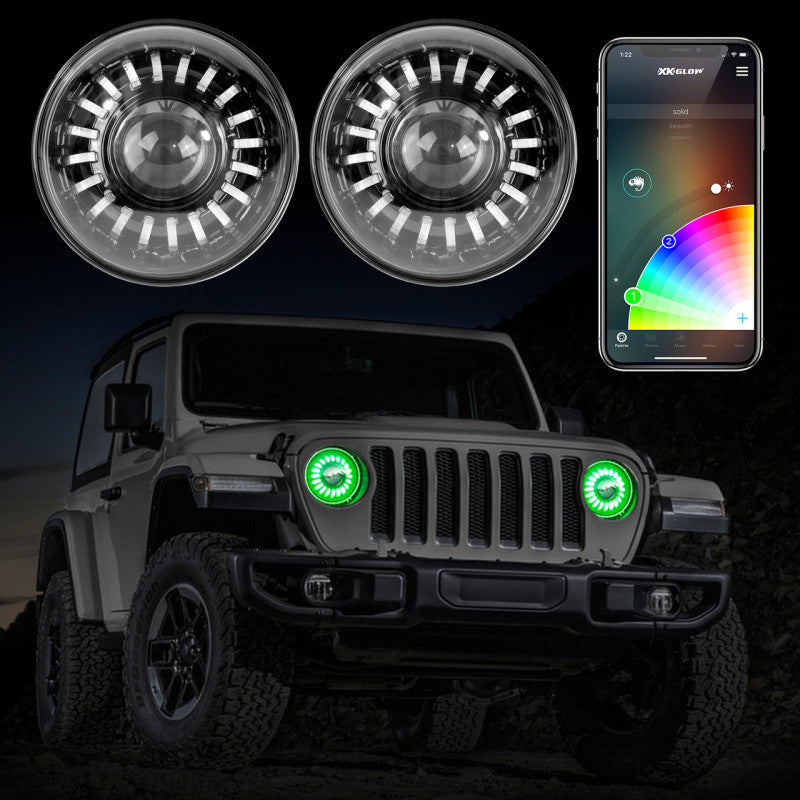 XK Glow 2pc 7in App Control RGB Wrangler JL Headlight Kit w/ Mounting Brackets XK Glow 2pc 7in App Control RGB Wrangler JL Headlight Kit w/ Mounting Brackets