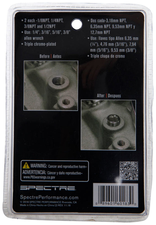 Spectre Pipe Plug Kit - Includes (2) 1/8in. / (2) 1/4in. / (2) 3/8in. / (2) 1/2in. Plugs - Chrome Spectre Pipe Plug Kit - Includes (2) 1/8in. / (2) 1/4in. / (2) 3/8in. / (2) 1/2in. Plugs - Chrome