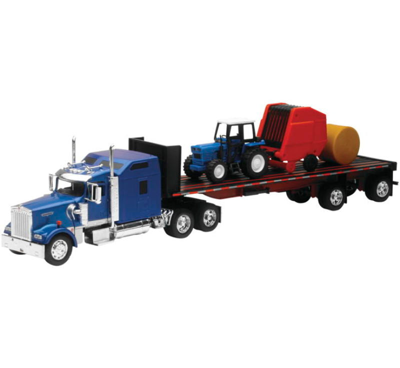 New Ray Toys Kenworth W900 with Flatbed, Tractor and Round Haybales/ Scale - 1:32 New Ray Toys Kenworth W900 with Flatbed, Tractor and Round Haybales/ Scale - 1:32