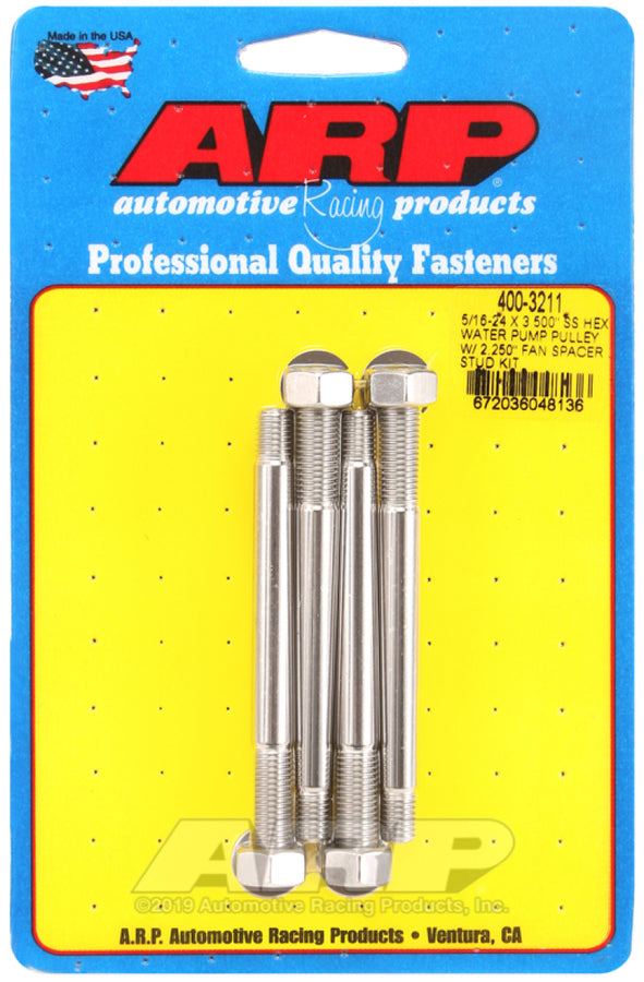 ARP 5/16-24 X 3.500 SS Hex Water Pump Pulley w/ 2.250in Fan Spacer Stud Kit ARP 5/16-24 X 3.500 SS Hex Water Pump Pulley w/ 2.250in Fan Spacer Stud Kit
