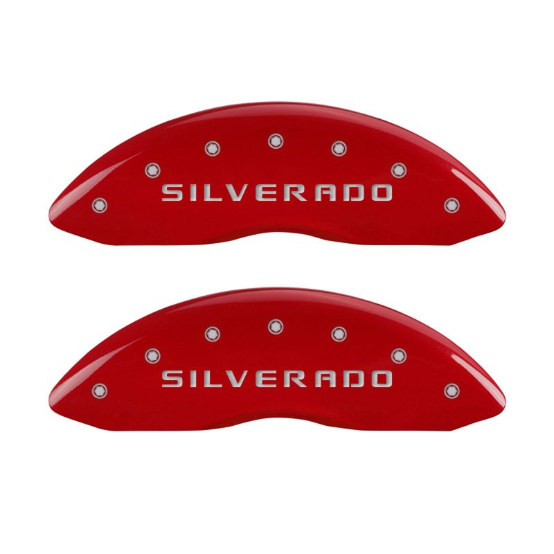 MGP 4 Caliper Covers Engraved Front & Rear Silverado Red finish silver ch MGP 4 Caliper Covers Engraved Front & Rear Silverado Red finish silver ch