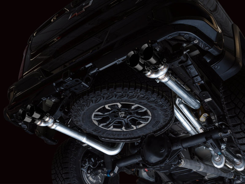 AWE Tuning 22-23 GMC Sierra 1500 AT4X 6.2L 0FG Catback Split Dual (Flat Bumper) - Diamond Black Tips AWE Tuning 22-23 GMC Sierra 1500 AT4X 6.2L 0FG Catback Split Dual (Flat Bumper) - Diamond Black Tips