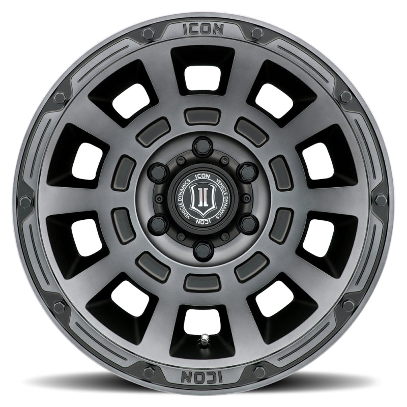 ICON Thrust 17x8.5 6x5.5 0mm Offset 4.75in BS 106.1mm Bore Smoked Satin Black Wheel ICON Thrust 17x8.5 6x5.5 0mm Offset 4.75in BS 106.1mm Bore Smoked Satin Black Wheel