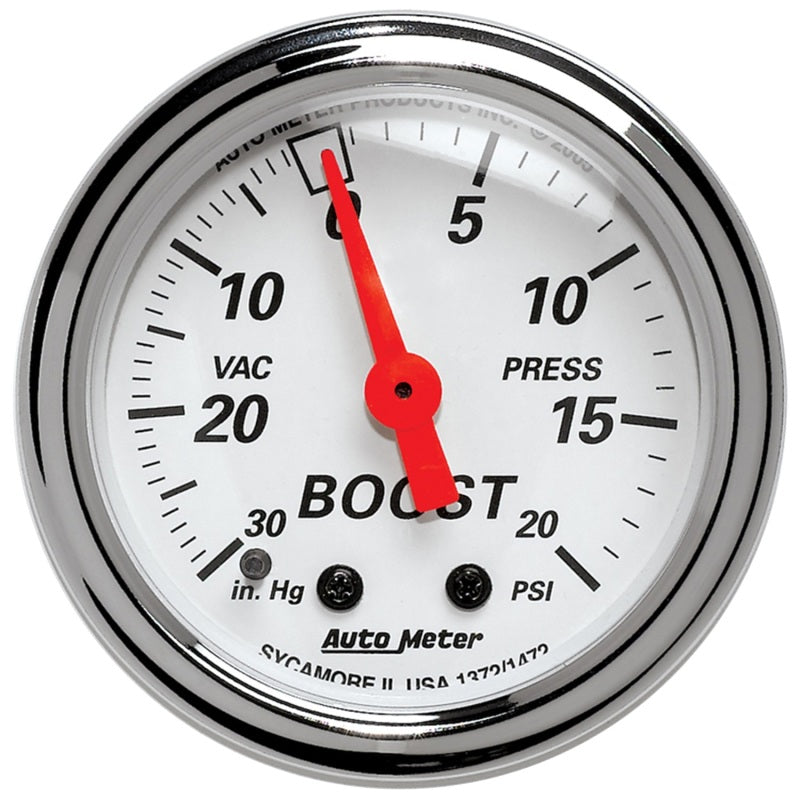 Autometer Arctic White 2-1/16in 30 in. Hg/20 PSI Full Sweep Mechanical Vacuum/Boost Pressure Gauge Autometer Arctic White 2-1/16in 30 in. Hg/20 PSI Full Sweep Mechanical Vacuum/Boost Pressure Gauge