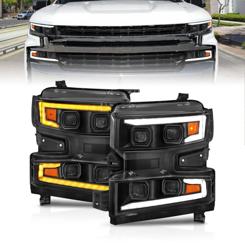 ANZO 19-22 Chevrolet Silverado 1500 LED Proj HL w/Lgt Bar SwBk Seq. Blk w/In. Light - Driver Side ON ANZO 19-22 Chevrolet Silverado 1500 LED Proj HL w/Lgt Bar SwBk Seq. Blk w/In. Light - Driver Side ON