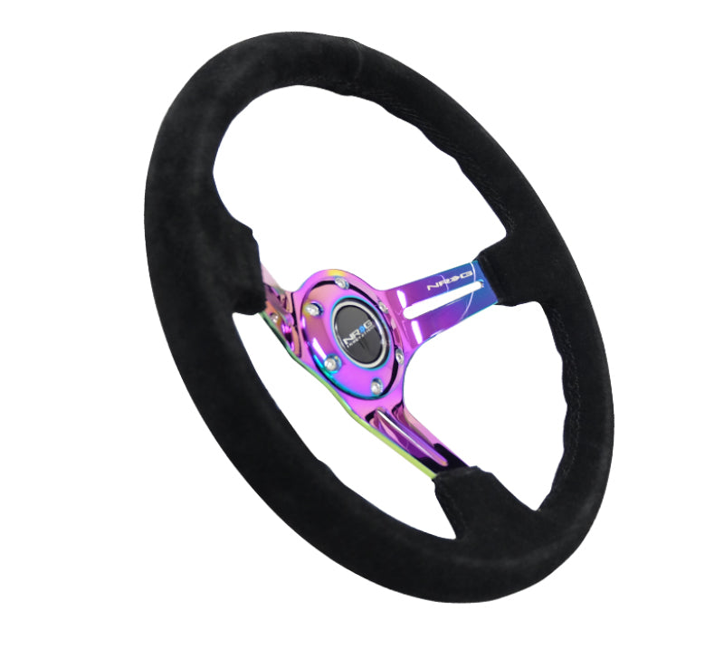 NRG Reinforced Steering Wheel (350mm / 3in. Deep) Blk Suede/Blk Stitch w/Neochrome Slits NRG Reinforced Steering Wheel (350mm / 3in. Deep) Blk Suede/Blk Stitch w/Neochrome Slits