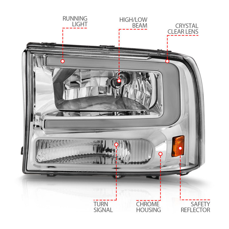 ANZO 99-04 Ford F250/F350/F450/Excursion (excl. 99) Crystal Headlights - w/ Light Bar Chrome Housing ANZO 99-04 Ford F250/F350/F450/Excursion (excl. 99) Crystal Headlights - w/ Light Bar Chrome Housing