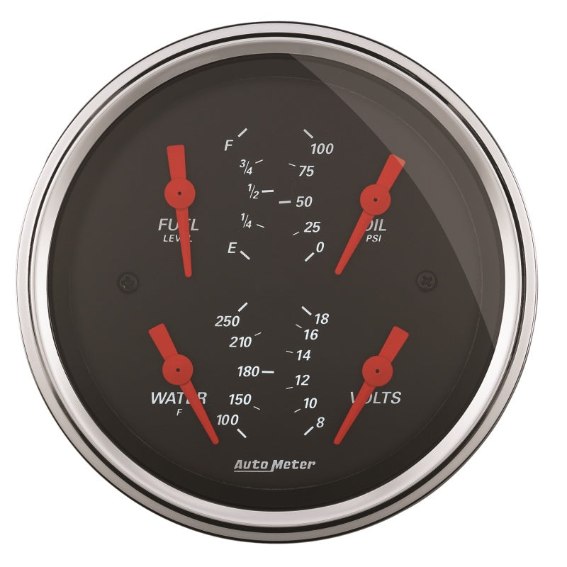 Autometer Designer Black 3.375in Quad Gauge - Fuel Level / Oil Pressure / Water Temp. / Voltmeter Autometer Designer Black 3.375in Quad Gauge - Fuel Level / Oil Pressure / Water Temp. / Voltmeter