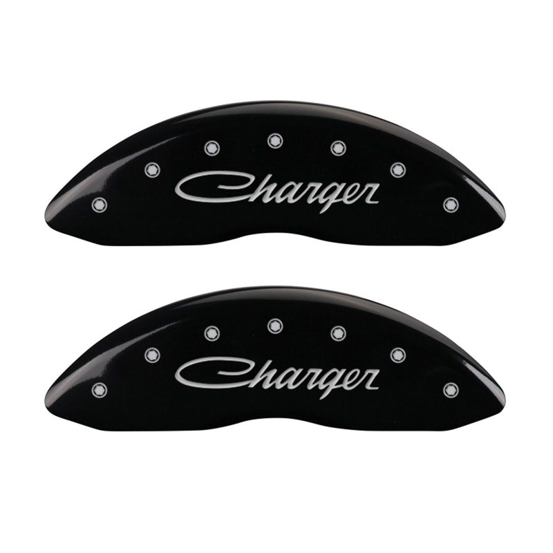 MGP 4 Caliper Covers Engraved Front & Rear Cursive/Charger Black finish silver ch MGP 4 Caliper Covers Engraved Front & Rear Cursive/Charger Black finish silver ch