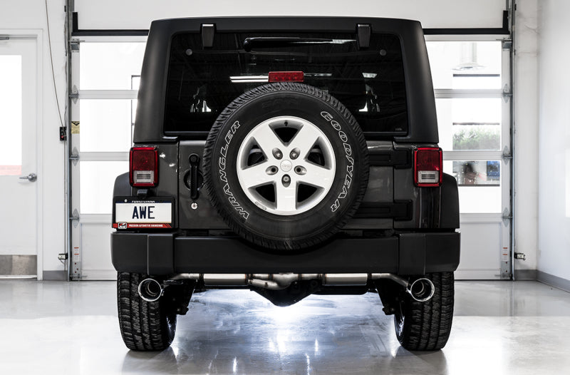 AWE Tuning 07-18 Jeep Wrangler JK/JKU 3.6L Tread Edition Axle-Back Dual Exhaust - Chrome Silver Tips AWE Tuning 07-18 Jeep Wrangler JK/JKU 3.6L Tread Edition Axle-Back Dual Exhaust - Chrome Silver Tips
